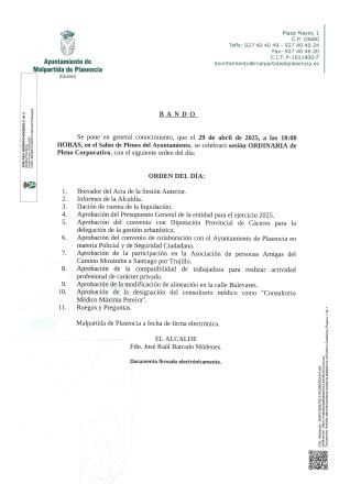 Imagen CELEBRACIÓN SESIÓN ORDINARIO DE PLENO CORPORATIVO EL DIA 29 DE ABRIL