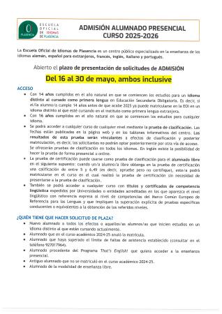 Imagen ABIERTO PLAZO DE PRESENTACIÓN DE SOLICITUDES DE ADMSION PARA LA ESCUELA OFICIAL DE IDIOMAS