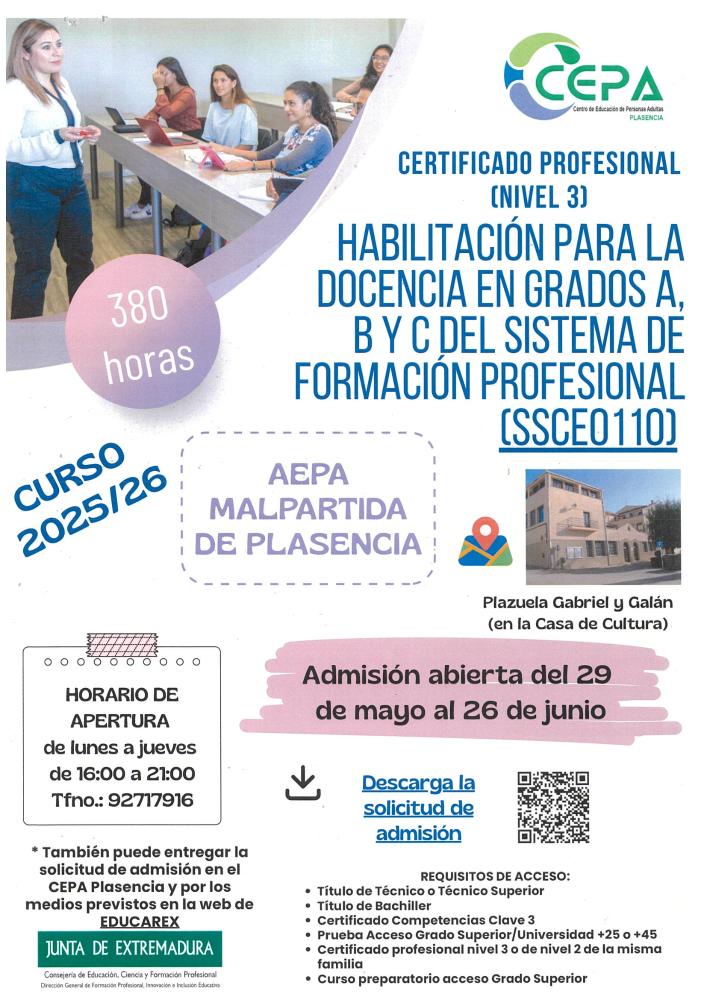 Imagen HABILITACION PARA LA DOCENCIA EN GRADOS A, B Y C DEL SISTEMA DE FORMACIÓN PROFESIONAL