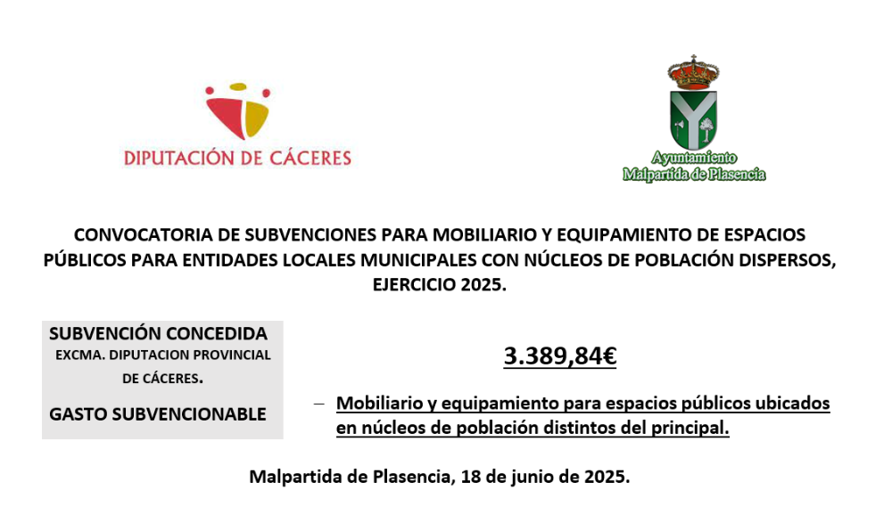 Imagen Plan para la adquisición de mobiliario y equipamiento destinado a Entidades Locales Municipales con núcleos de población dispersos y población inferior a veinte mil habitantes de la provincia de Cáceres, ejercicio 2025