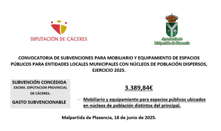 Imagen Plan para la adquisición de mobiliario y equipamiento destinado a Entidades Locales Municipales con núcleos de población dispersos y población inferior a veinte mil habitantes de la provincia de Cáceres, ejercicio 2025