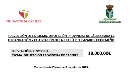 Imagen SUBVENCIÓN DE LA EXCMA. DIPUTACIÓN PROVINCIAL DE CÁCERES PARA LA ORGANIZACIÓN Y CELEBRACIÓN DE LA X FERÍA DEL CAZADOR EXTREMEÑO