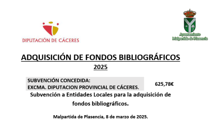 Imagen SUBVENCIÓN CONCEDIDA POR LA DIPUTACIÓN PROVINCIAL DE CÁCERES PARA LA ADQUISICIÓN DE FONDOS BIBLIOGRÁFICOS 2025