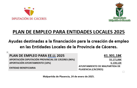 Imagen SUBVENCION PLAN DE EMPLEO PARA ENTIDADES LOCALES 2025. DIPUTACIÓN PROVINCIAL DE CÁCERES