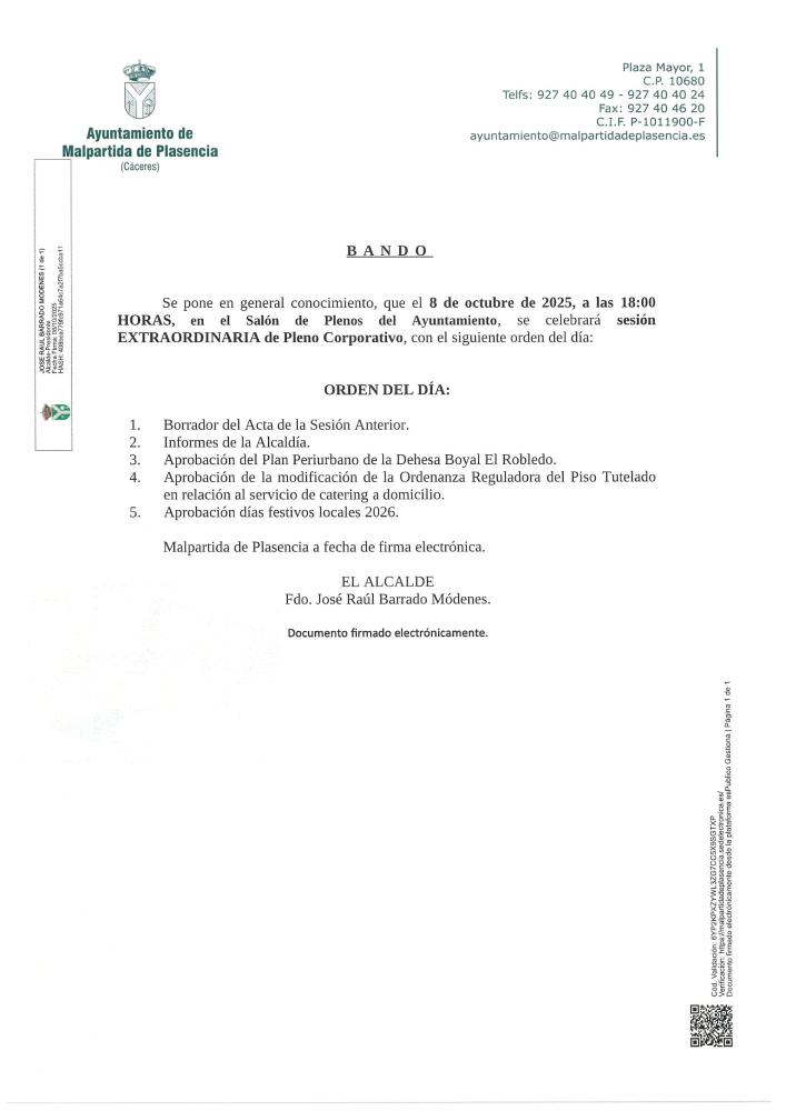 Imagen CELEBRACIÓN DE SESIÓN DE PLENO EXTRAORDINARIO DÍA 08 DE OCTUBRE