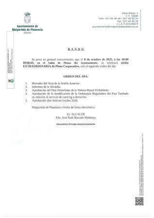 Imagen CELEBRACIÓN DE SESIÓN DE PLENO EXTRAORDINARIO DÍA 08 DE OCTUBRE