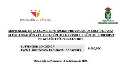 Imagen SUBVENCIÓN DE LA EXCMA. DIPUTACIÓN PROVINCIAL DE CÁCERES, PARA LA ORGANIZACIÓN Y CELEBRACIÓN DE LA XXXVIII EDICIÓN DEL CONCURSO DE ALBAÑILERÍA CHINATO 2025