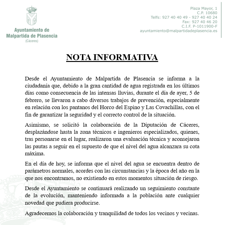 Imagen NOTA INFORMATIVA SOBRE LOS PANTANOS DE LA LOCALIDAD