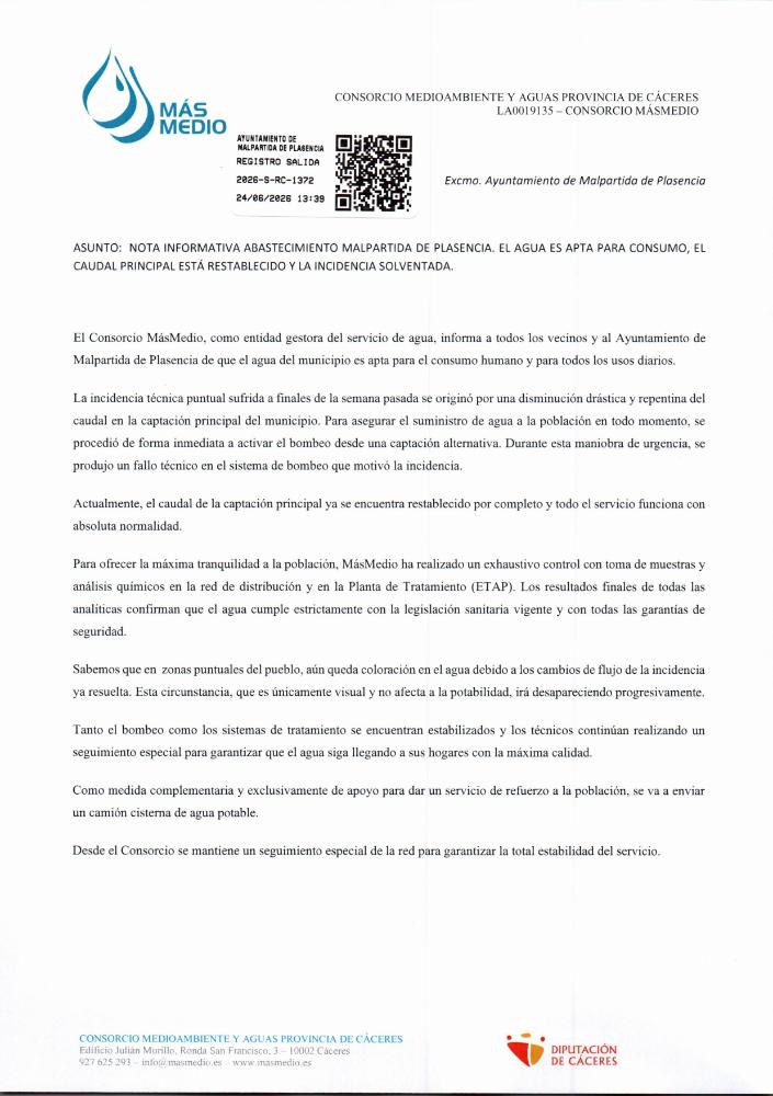 Imagen NOTA INFORMATIVA SOBRE EL ABASTECIMIENTO DE AGUA EN LA LOCALIDAD