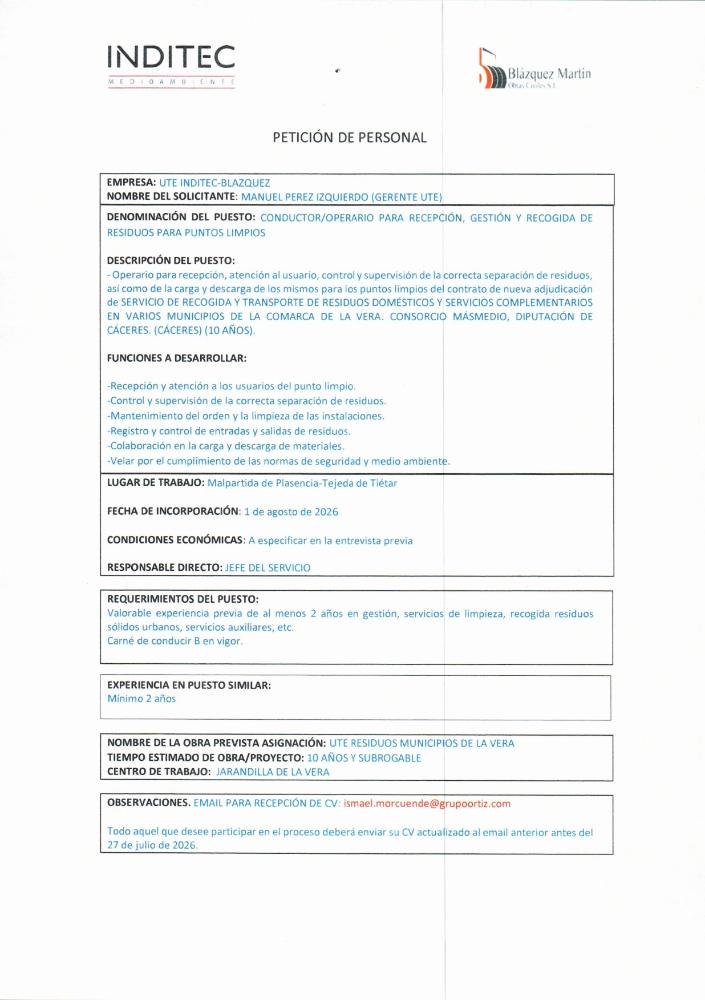 Imagen Oferta de Empleo Conductor/Operario para recepción, gestion y recogida de residuos para punto limpio.