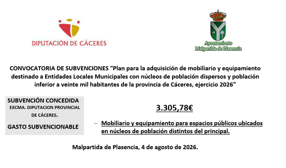 Imagen “Plan para la adquisición de mobiliario y equipamiento destinado a Entidades Locales Municipales con núcleos de población dispersos y población inferior a veinte mil habitantes de la provincia de Cáceres, ejercicio 2026”