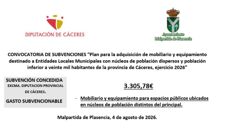Imagen “Plan para la adquisición de mobiliario y equipamiento destinado a Entidades Locales Municipales con núcleos de población dispersos y población inferior a veinte mil habitantes de la provincia de Cáceres, ejercicio 2026”